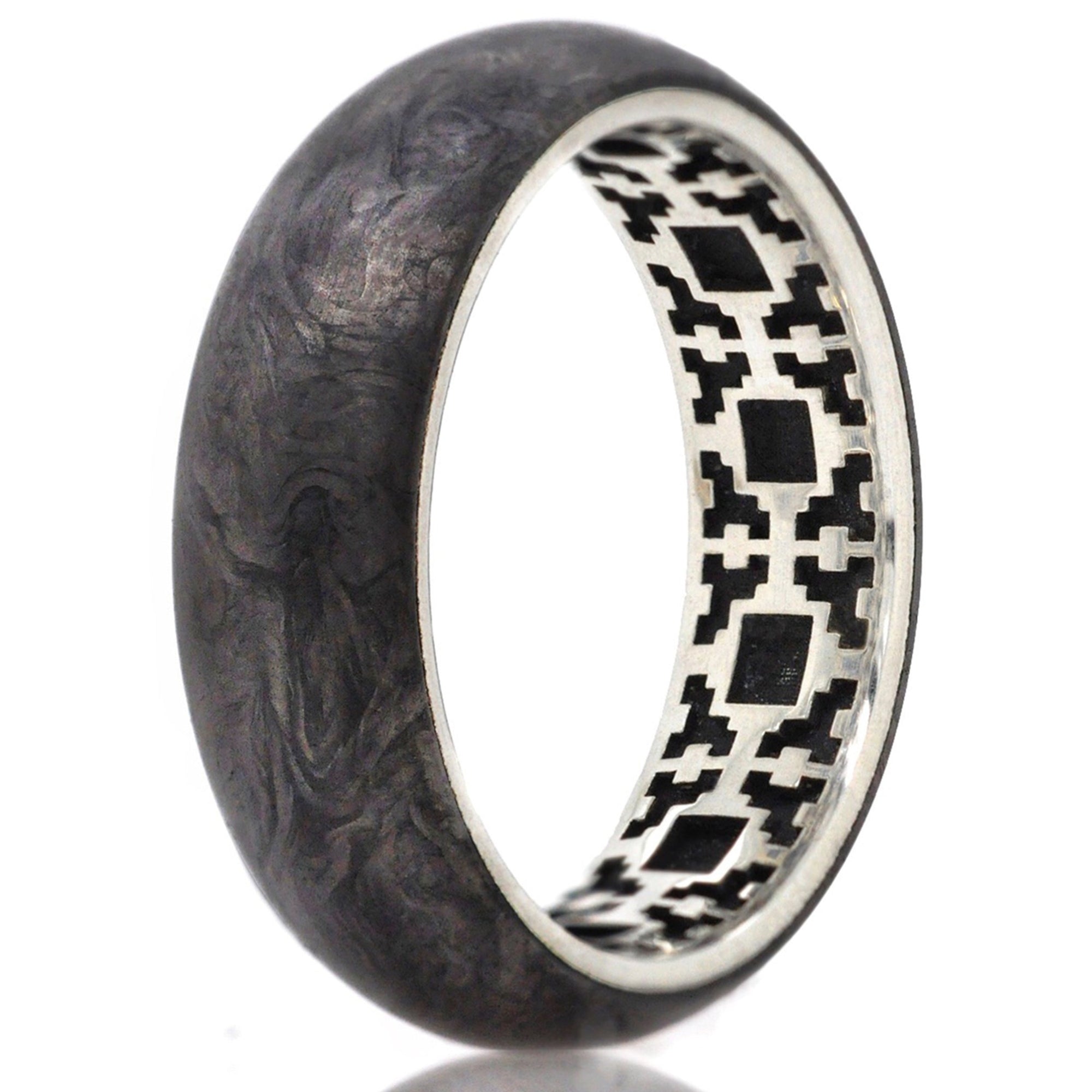 Forged Carbon Fiber Ring with Sterling Silver Interior featuring patterns of small squares. 