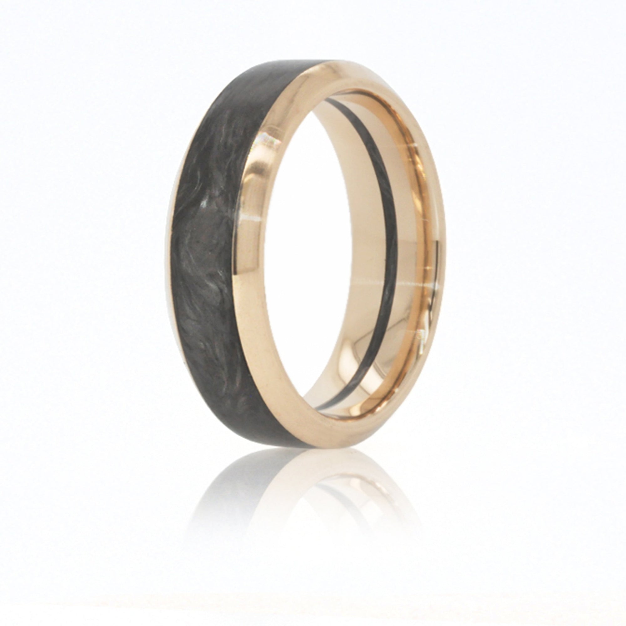 Wedding Band featuring a forged carbon fiber exterior with yellow gold edging, and a Yellow Gold interior with center Forged Carbon Fiber stripe.