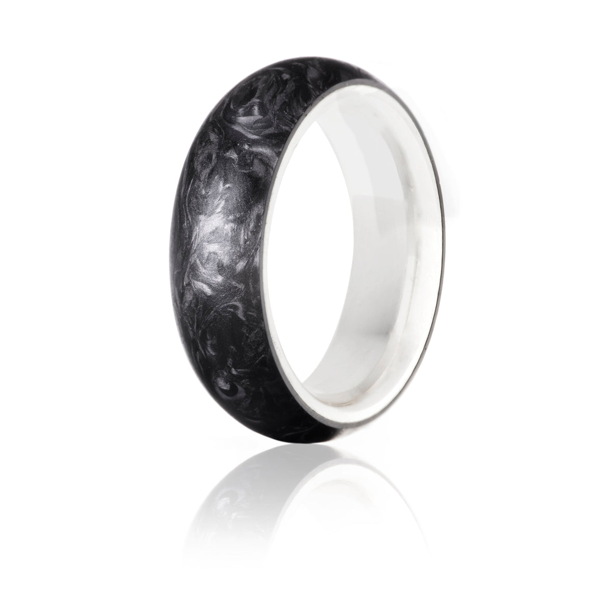 Forged Carbon radius ring with white gold interior.
