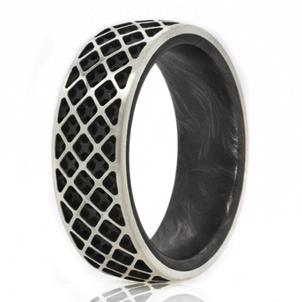 Sterling Silver and Forged Carbon Fiber ring featuring an exterior square-based grid pattern and forged carbon fiber interior. 