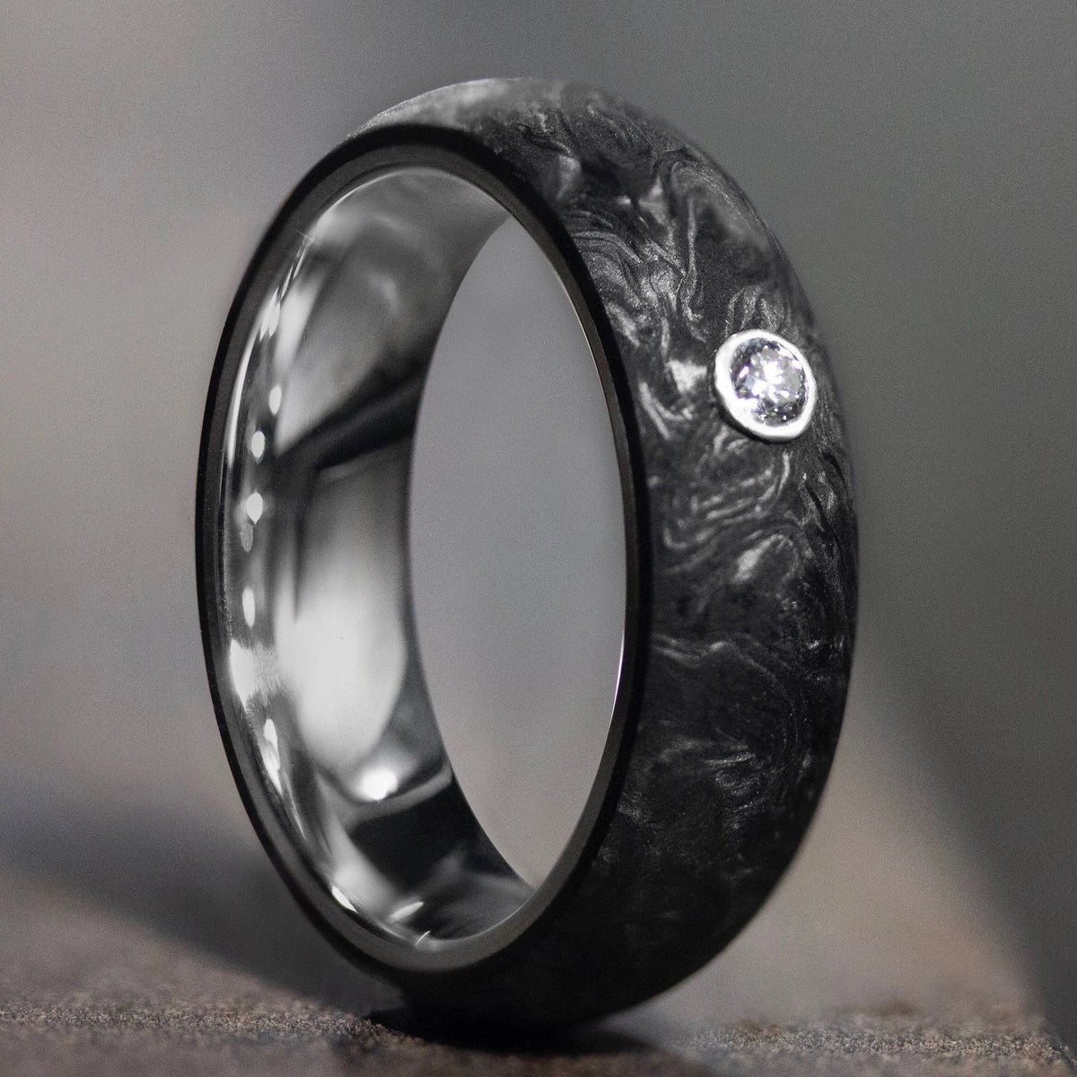 Forged Carbon Fiber Ring with a Diamond insert. Handmade in Brooklyn, New York by Carbon6. 