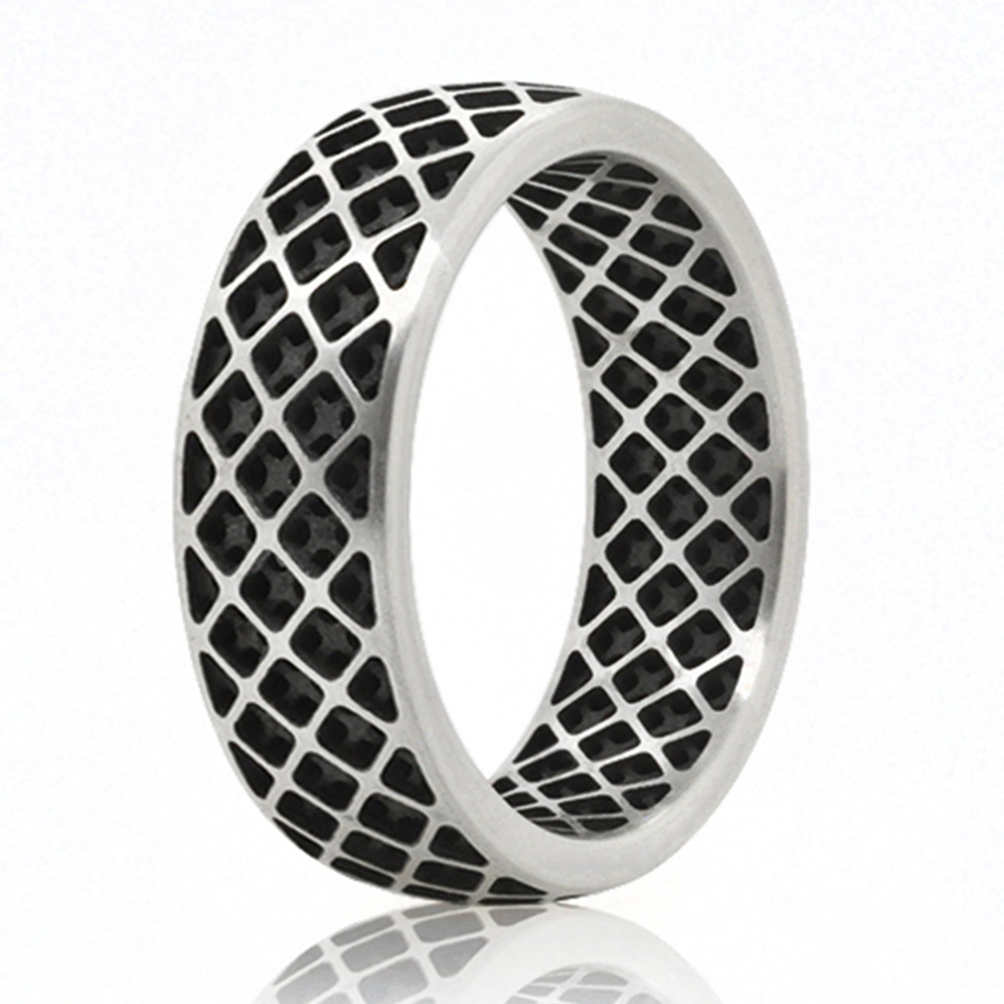 Sterling Silver ring featuring a square-based grid pattern and blackened interior.