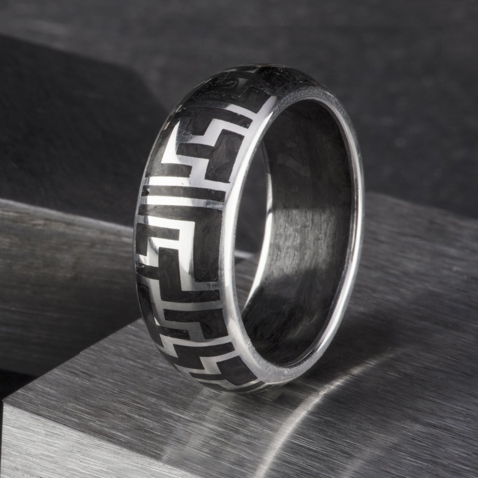 18 Karat Gold Forged Carbon Fiber wedding band handmade in Brooklyn by Carbon6. 