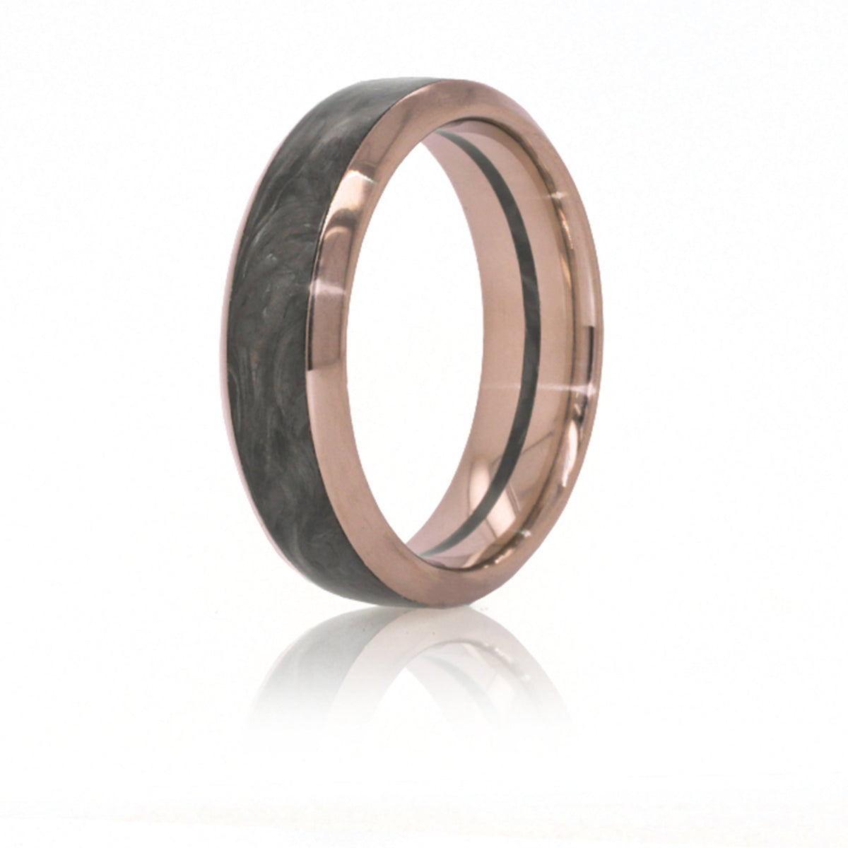 Wedding Band featuring a forged carbon fiber exterior with rose gold edging, and a Rose Gold interior with center Forged Carbon Fiber stripe.