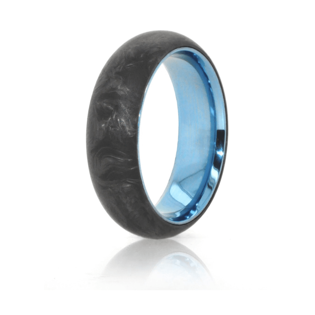 Forged carbon radius ring with blue titanium interior. 
