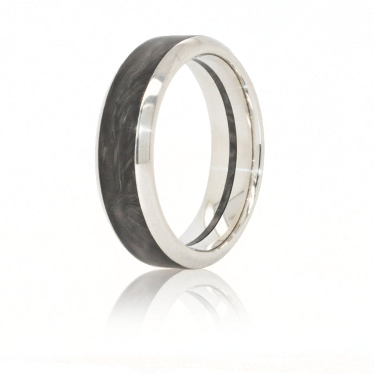 Wedding Band featuring a forged carbon fiber exterior with white gold edging, and a White Gold interior with center Forged Carbon Fiber stripe. 